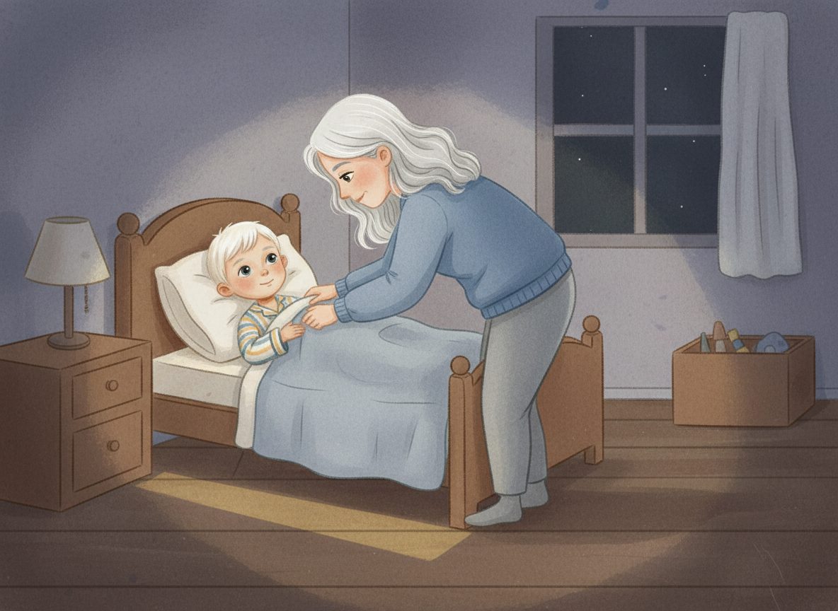 Noah tucked in bed in the dim room after Mom's two goodnight kisses
