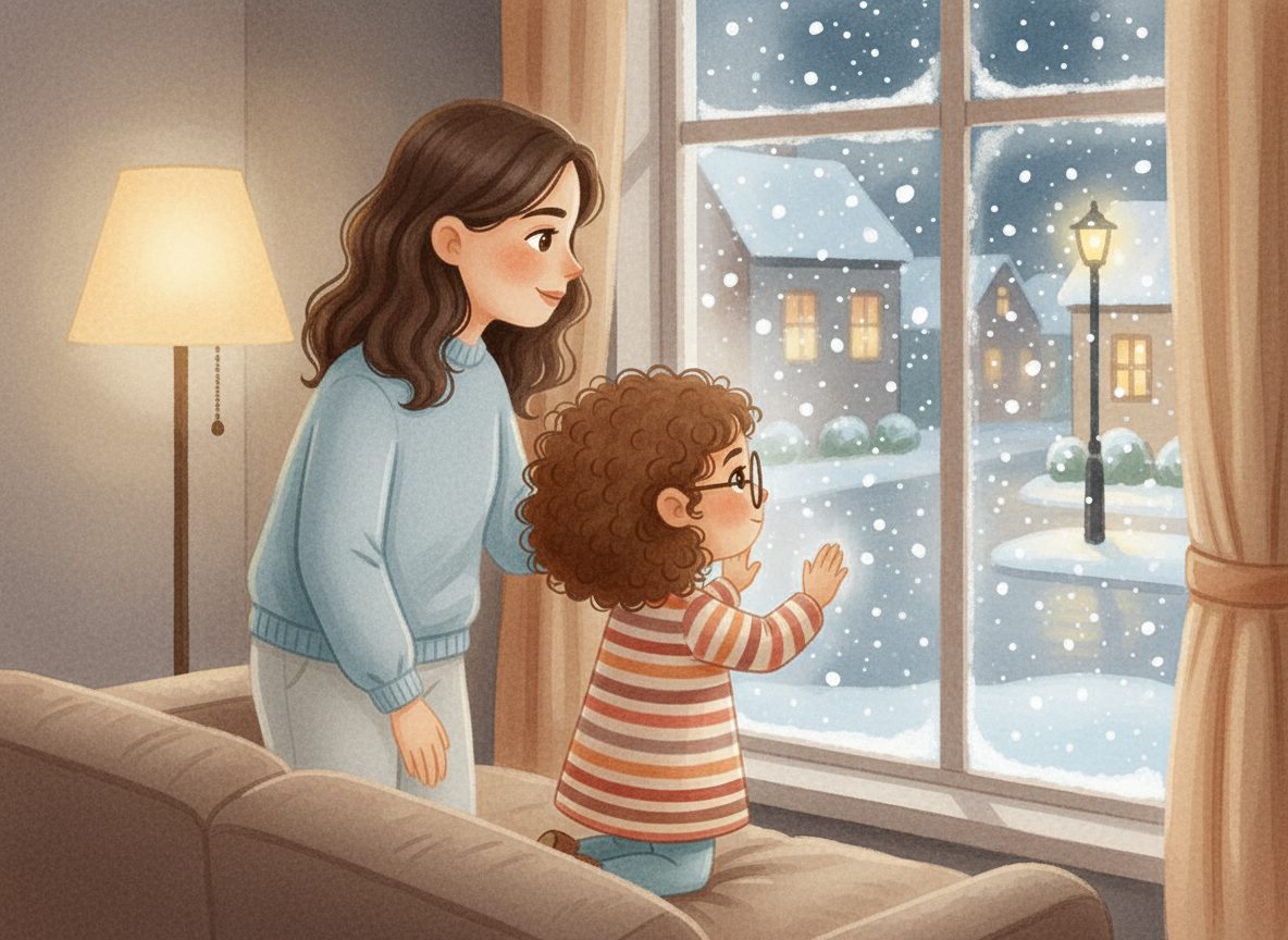 Ellie and Mom at the window on Christmas Eve, snow falling past the streetlamp