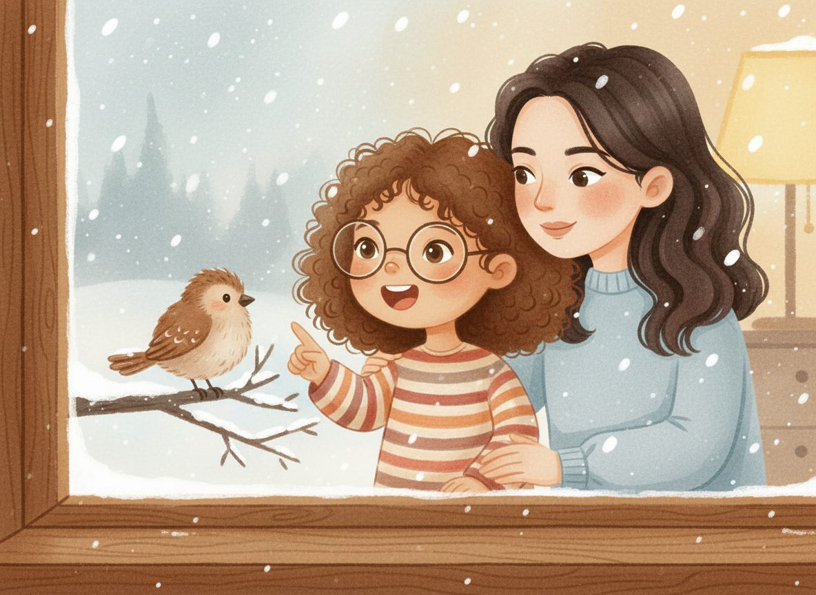 A small puffed-up bird on the snowy porch, looking at Ellie