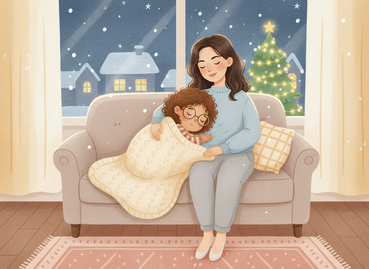 Ellie asleep in bed while the snow keeps falling outside
