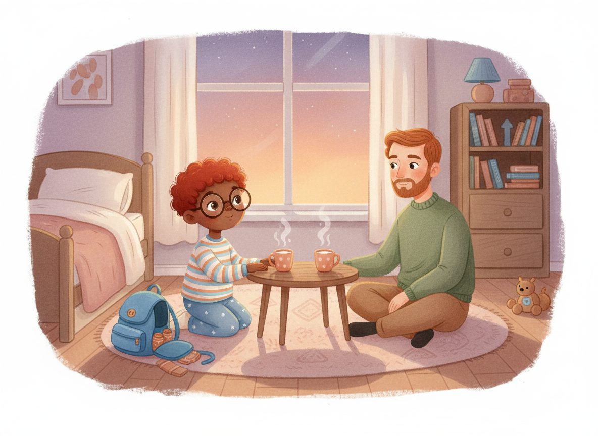 Leo and Dad with cups of warm milk beside the open blue backpack