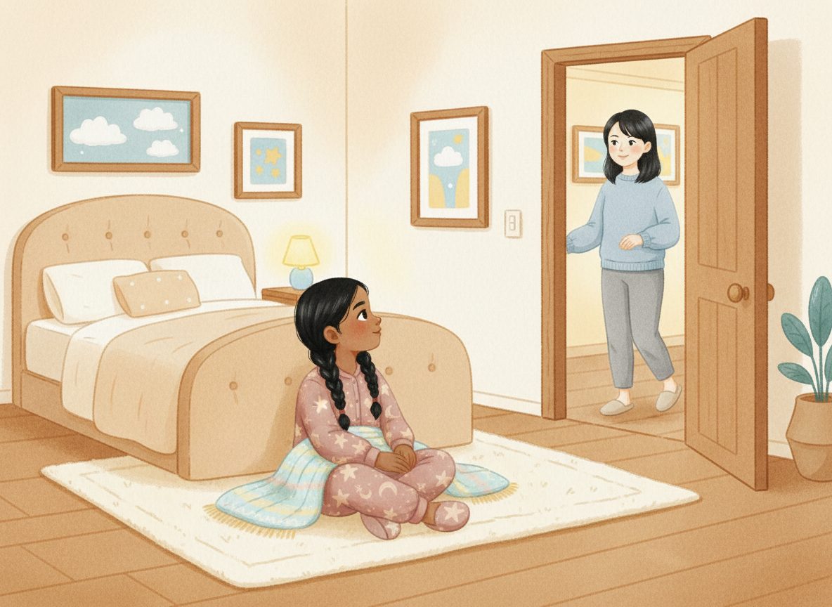 Mia and Mom sitting close on the rug in Mia's room