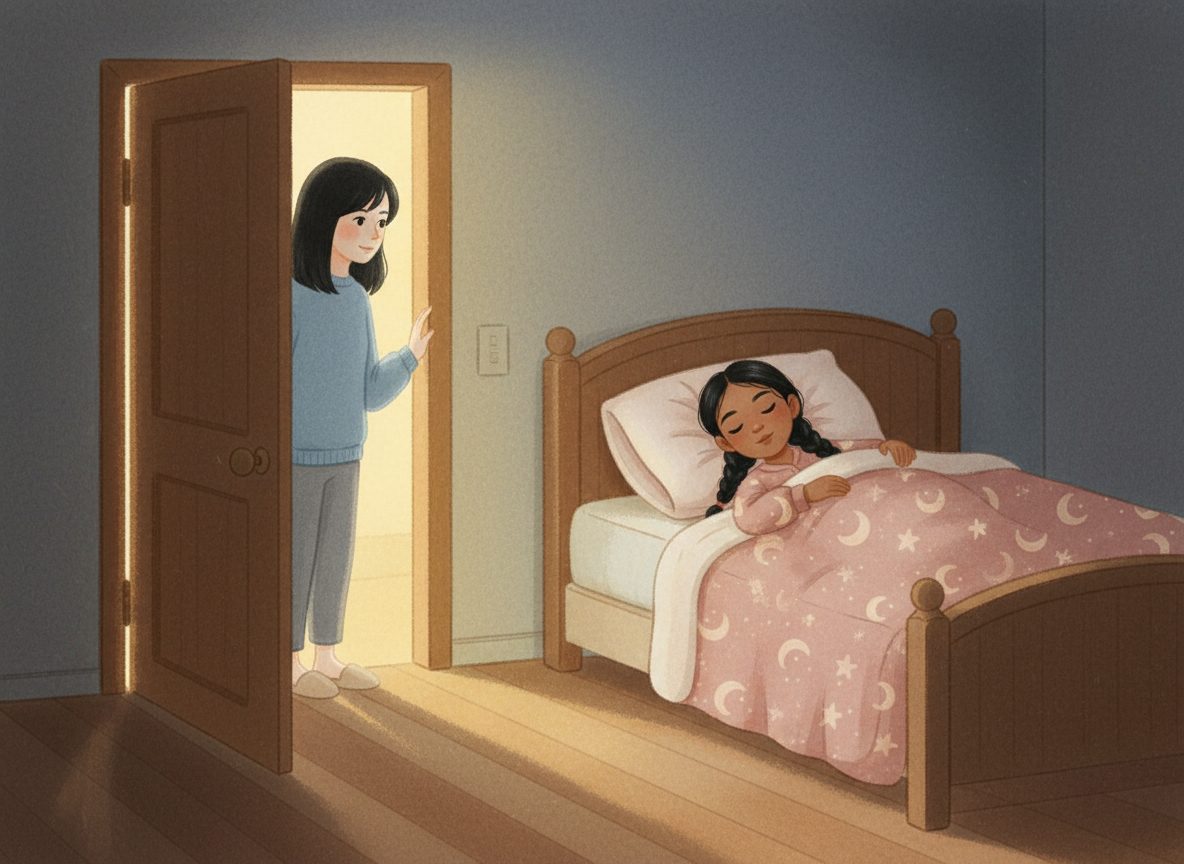 Mia asleep with her door open a little and two lamps glowing