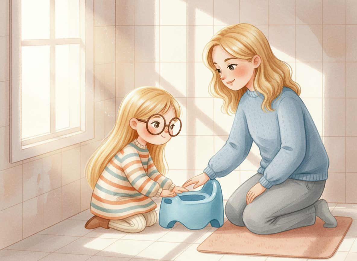 Ava's little blue potty, small and smooth, by the bathroom wall
